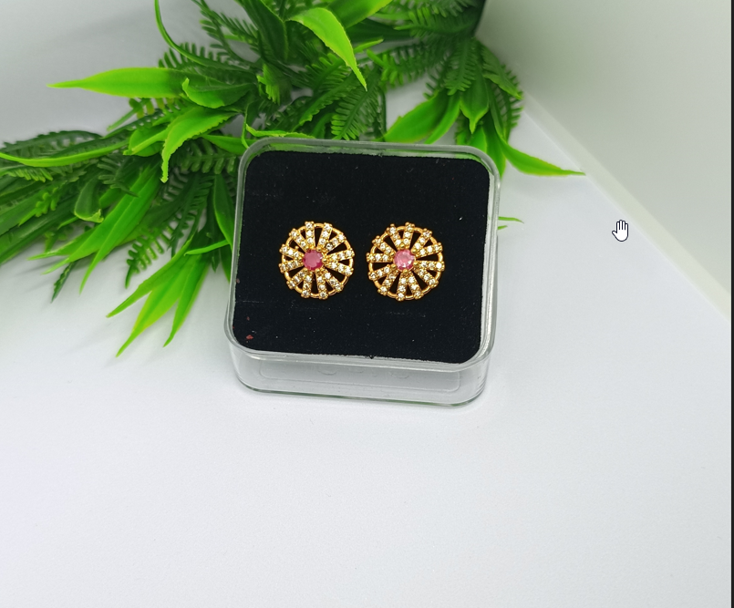 Elegant Golden Floral Stud Earrings with Pink Center Stone