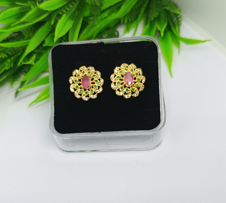 Gold-Tone Floral Crystal Stud Earrings with Pink Stone - green stones