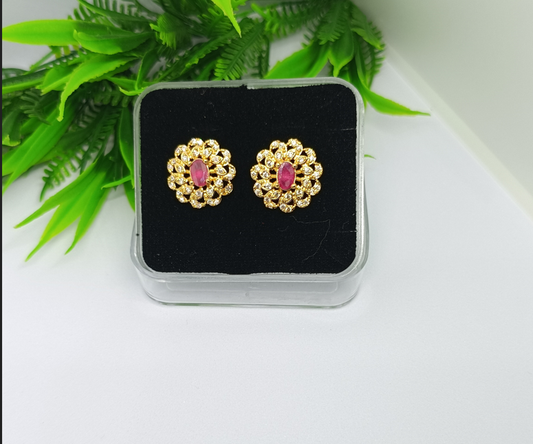 Gold-Tone Floral Crystal Stud Earrings with Pink Stone