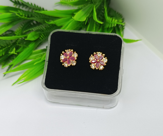 Gold-Tone Floral Crystal Stud Earrings with Red Accents