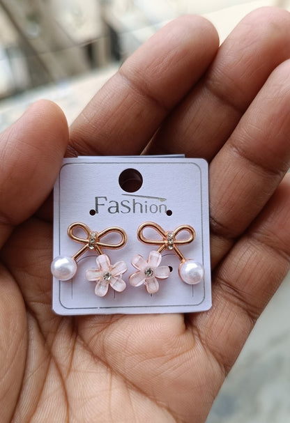 Bow Bloom Pearl Flower Stud Earrings SS-47