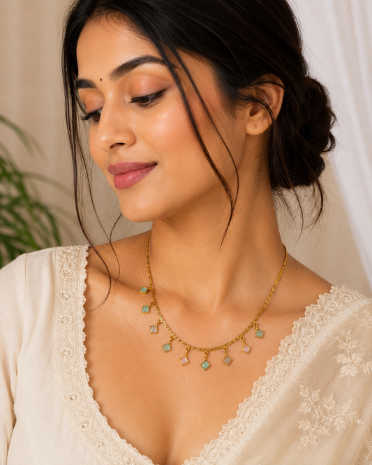 Gold-Tone Pastel Charm Necklace for Women (Green-Peach) SS-54