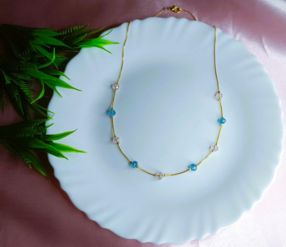 Trendy Beaded gold chain necklace for women SS-84 Blue-peach