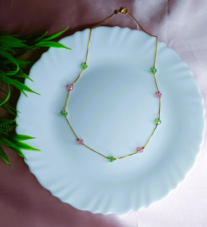 Trendy Beaded gold chain necklace for women SS-84 green and pink