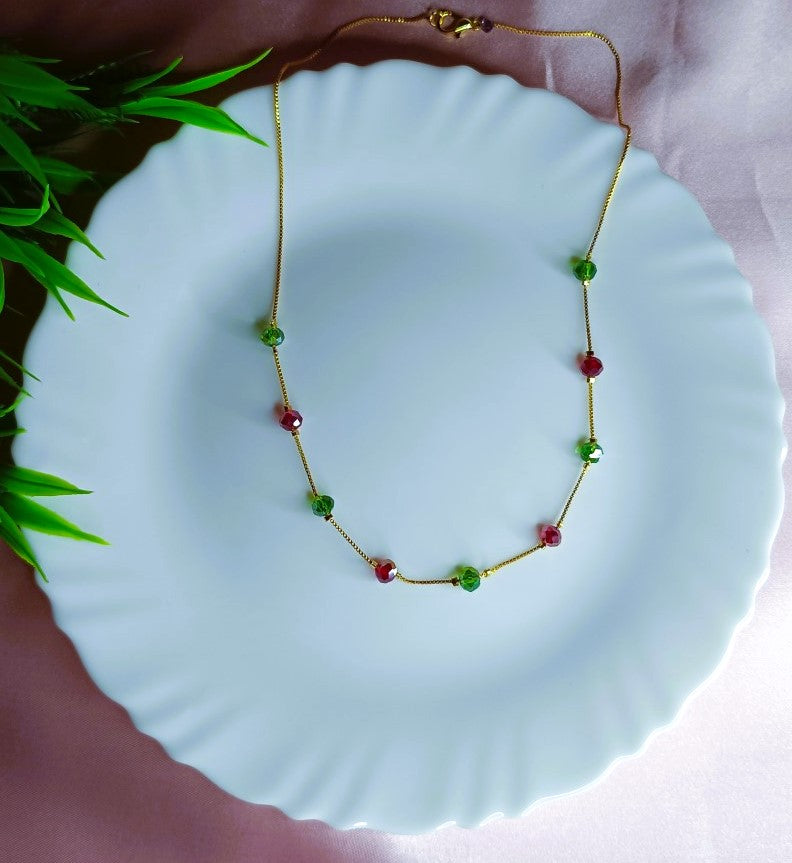Trendy Beaded gold chain necklace for women SS-84 green-red
