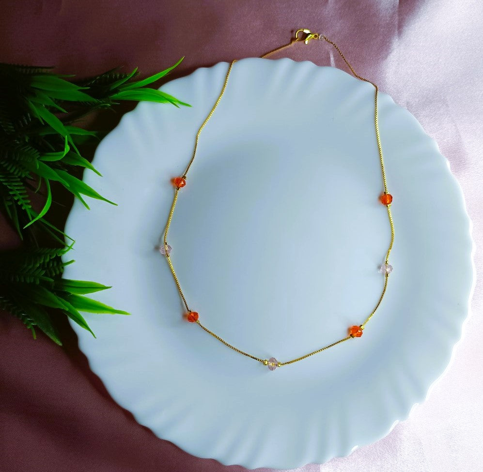 Trendy Beaded gold chain necklace for women SS-84 orange and peach