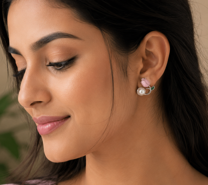 Elegant Pink Rose Pearl Stud Earrings for Women SS-85