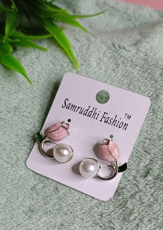 Elegant Pink Rose Pearl Stud Earrings for Women SS-85