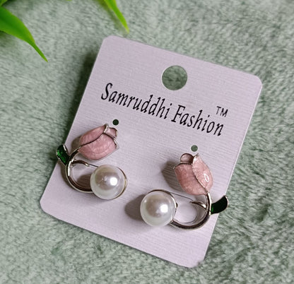 Elegant Pink Rose Pearl Stud Earrings for Women SS-85