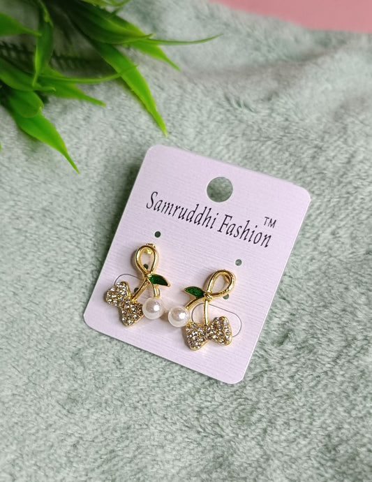 Sparkling Cherry Bow Pearl Earrings SS-90