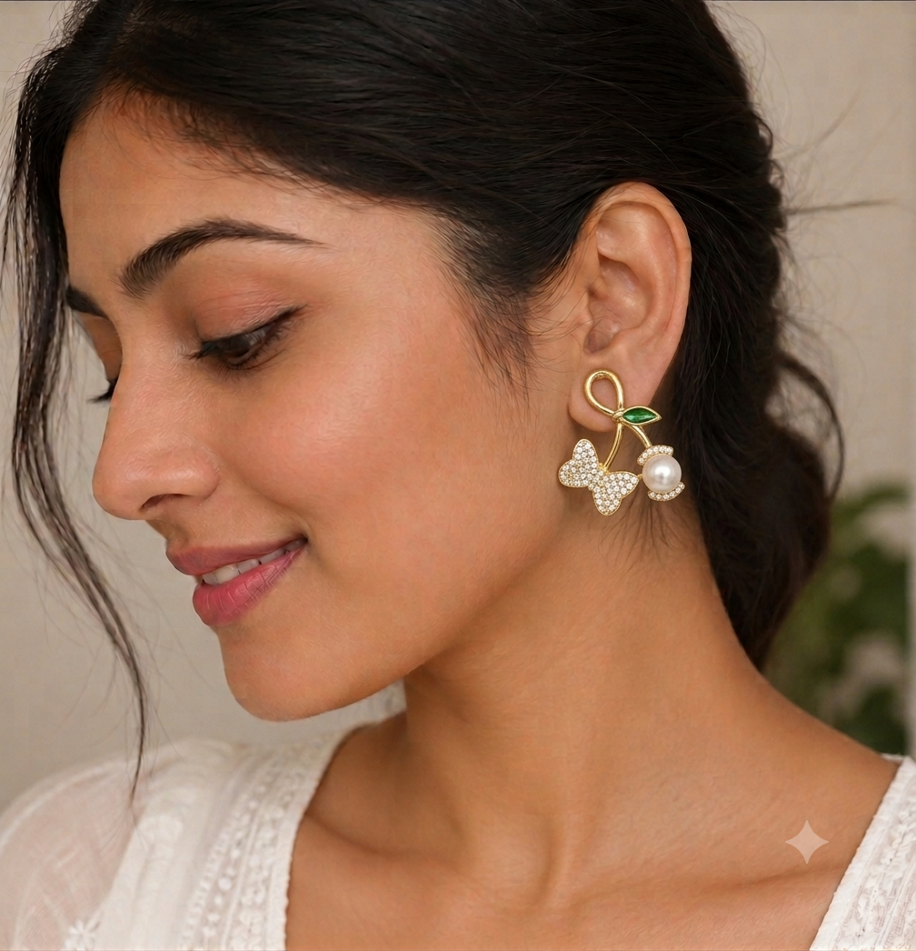 Sparkling Cherry Bow Pearl Earrings SS-90