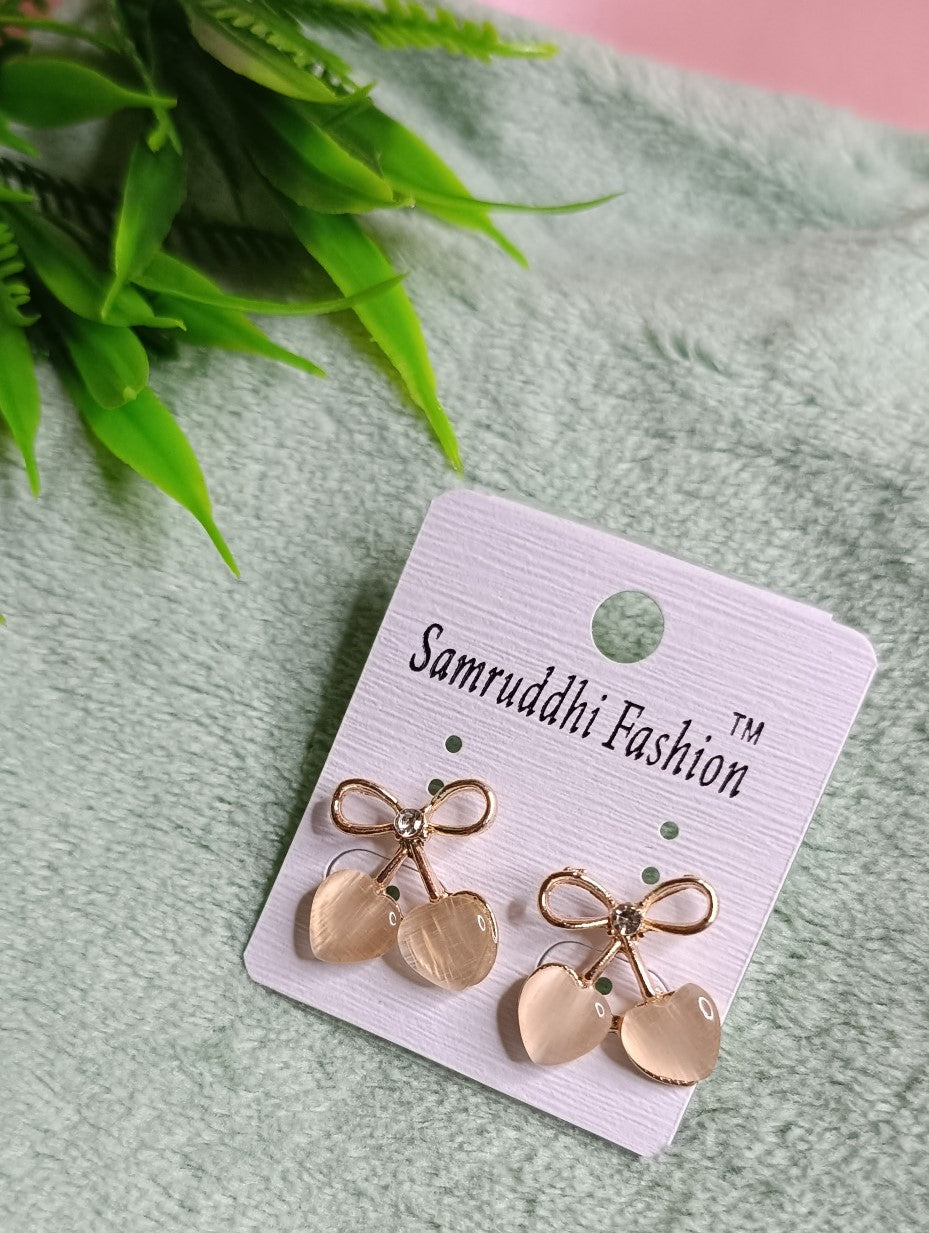 Cute Heart-Shaped Blush Cherry Bow Earrings SS-91
