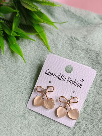Cute Heart-Shaped Blush Cherry Bow Earrings SS-91