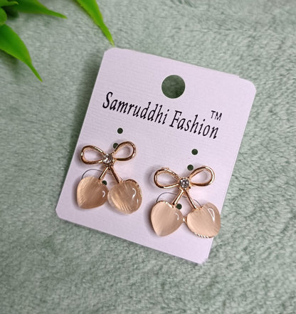 Cute Heart-Shaped Blush Cherry Bow Earrings SS-91