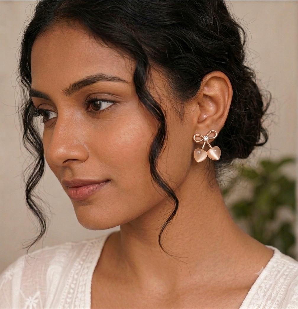 Cute Heart-Shaped Blush Cherry Bow Earrings SS-91