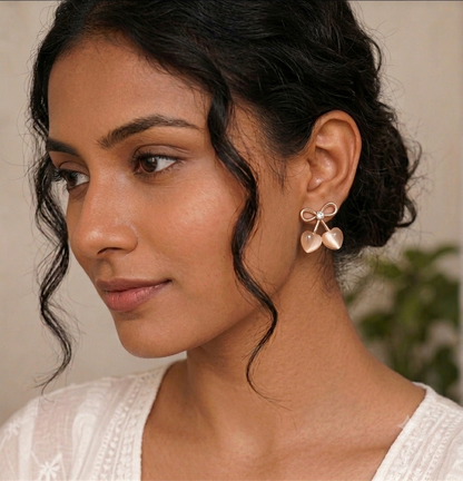 Cute Heart-Shaped Blush Cherry Bow Earrings SS-91