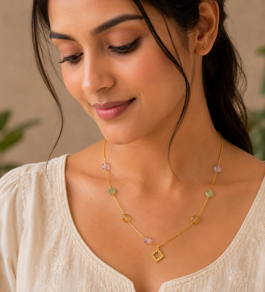 pastel beaded gold chain necklace with locket for women SS-92
