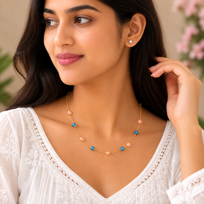 Trendy Beaded gold chain necklace for women SS-84 Blue-peach