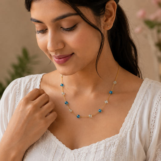 Trendy Beaded gold chain necklace for women SS-84 blue ice blue