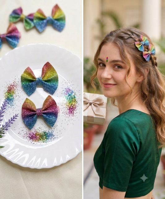 Sparkle Rainbow Glitter Bow Hair Clips – Pack of 2 SS-36