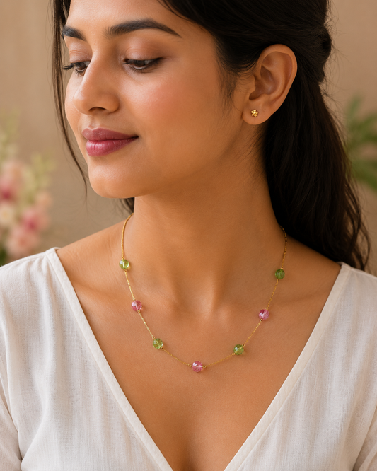 Trendy Beaded gold chain necklace for women SS-84 green and pink