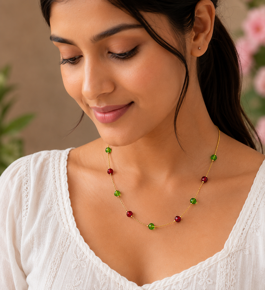 Trendy Beaded gold chain necklace for women SS-84 green-red