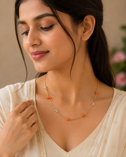 Trendy Beaded gold chain necklace for women SS-84 orange and peach