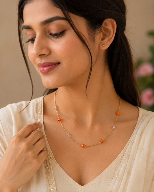 Trendy Beaded gold chain necklace for women SS-84 orange and peach